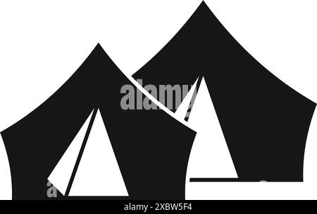 Simple black and white icon of two camping tents, perfect for representing outdoor activities and adventures Stock Vector