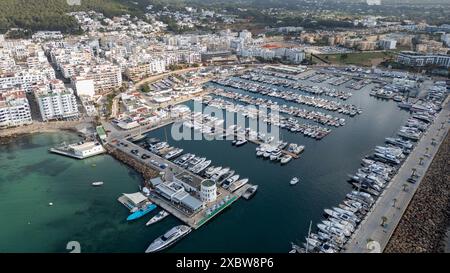 Picture dated May 2024 shows the town and harbour of Santa Eulalia (Santa Eulària des Riu) in Ibiza. Stock Photo