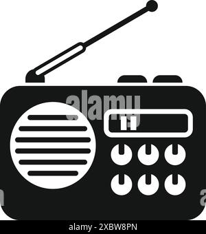 Simple glyph of a radio, featuring an antenna, buttons, and a speaker, representing communication and entertainment Stock Vector
