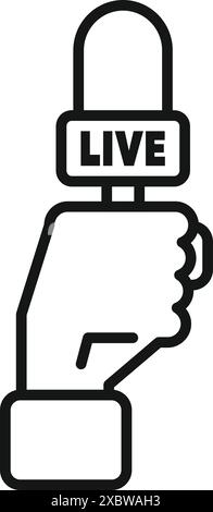 Line icon of a hand holding a microphone with a live sign, representing a live news broadcast Stock Vector