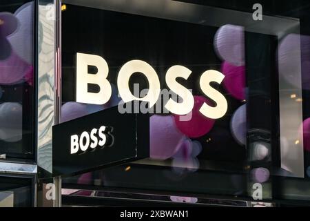 Washington DC, USA - 3 May 2024: Sign above the entrance to the Hugo Boss luxury designer goods store in downtown Washington DC Stock Photo