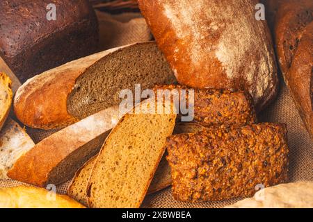 Various types of bread on canvas fabric. Assorted bread. High quality photo Stock Photo