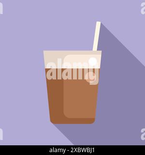 Glass of iced coffee with milk and straw is standing on violet background Stock Vector