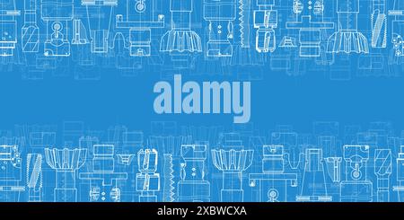 Mechanical engineering drawings on blue background. Tap tools, borer. Technical Design. Cover. Blueprint. Seamless pattern. Vector illustration. Stock Vector