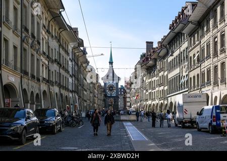 Cityscape of Bern, de facto capital of Switzerland, showcasing the Zytglogge clock tower and the city's medieval covered shopping promenades (Lauben). Stock Photo