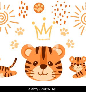 Seamless pattern cute small tiger cub with golden crown king cartoon animal design vector illustration on white background Stock Vector
