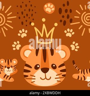 Seamless pattern cute small tiger cub with golden crown king cartoon animal design vector illustration on orange background Stock Vector
