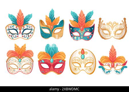 Set of Colored carnival mask with decorative feathers vector illustration isolated on white background Stock Vector