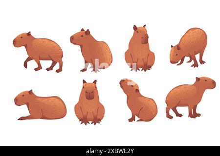 Set of Big mammal cute capybara cartoon animal design vector illustration isolated on white background Stock Vector