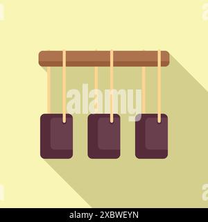Three metal balls hanging from strings are swinging together, demonstrating the conservation of momentum and energy Stock Vector