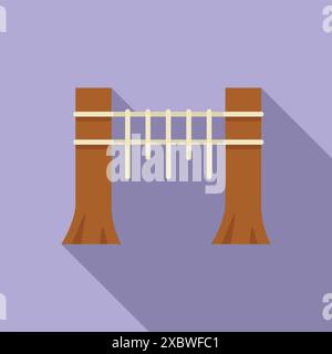 Rope bridge connecting two wooden towers covered with snow, element of ...