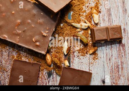 Explore the harmonious blend of dark chocolate, crunchy nuts, and sweet dried fruits. A sensory delight on a backdrop. Stock Photo
