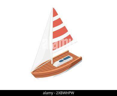 Isometric boat with red striped sail simple design vector illustration isolated on white background. Stock Vector