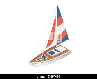 Isometric boat with red striped sail simple design vector illustration isolated on white background. Stock Vector