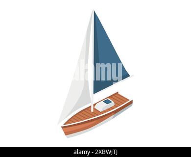 Isometric boat with blue sail simple design vector illustration isolated on white background. Stock Vector
