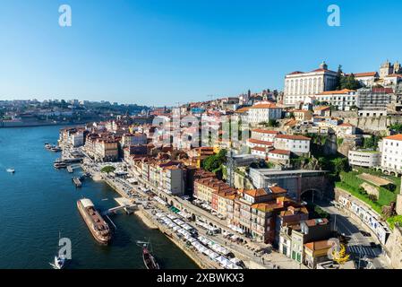 Oporto, Portugal - November 24, 2023: Elevated view of the The Ribeira area along the river Douro in Oporto or Porto, Portugal Stock Photo