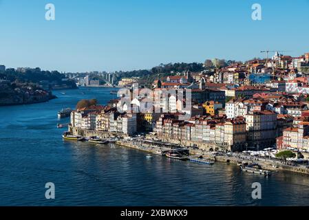 Oporto, Portugal - November 24, 2023: Elevated view of the The Ribeira area along the river Douro in Oporto or Porto, Portugal Stock Photo