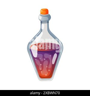 Bottles with magic potion and poison in cartoon style. Glass flask and vial violet color liquid. October Halloween holiday. Vector illustration Stock Vector