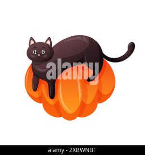 Cat lies on a pumpkin in cartoon style. Happy Halloween funny character for design. Vector illustration isolated on a white background. Stock Vector