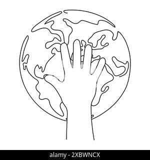 Continuous line drawing of the Earth globe in the foreground of a child's hand. Peace in the whole world. Vector illustration Stock Vector