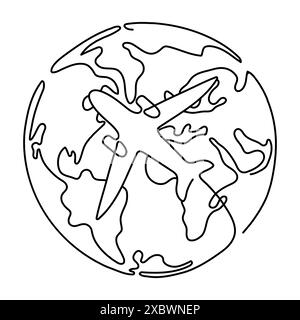 Line drawing of globe with airplane. Airline travel and flights. Flight route path on world map in simple linear style. Doodle vector illustration Stock Vector