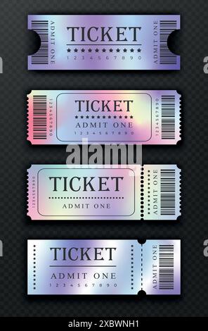 Set of abstract tickets of different gradient and holographic design. Tickets with barcodes, front view. Ticket templates. Vector illustration Stock Vector