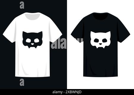 T shirt print design with cat skull in black and white colors. Vector illustration Stock Vector