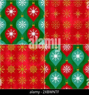 Winter Holiday Patchwork with Christmas toys and snowflakes. Seamless pattern. Vector illustration in retro style Stock Vector