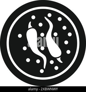 Black and white glyph icon representing a dish garnished with two chili peppers and spices Stock Vector