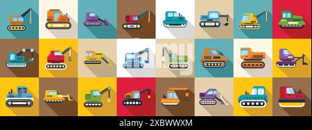 crawler icons set. Set of colorful icons representing various construction vehicles, ideal for illustrating building or demolition projects Stock Vector