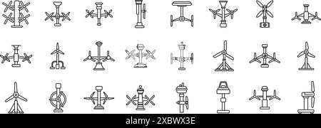 tidal energy icons set. Set of wind turbine icons showing different perspectives and designs for renewable energy generation Stock Vector