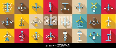 tidal energy icons set. Collection of wind turbines generating clean energy using wind power in flat design Stock Vector