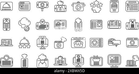 Culinary blog icons set. Online cooking class icons showing chefs using technology, recipes, and streaming platforms for culinary education Stock Vector