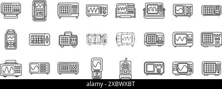 Oscillograph icons set. Large set of oscilloscope icons featuring different types of digital measurement devices for electronic engineers working in telecommunications industry Stock Vector