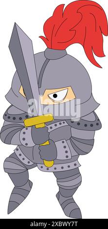 Cartoon illustration of a knight holding a sword, ready to fight Stock Vector