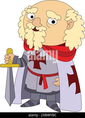 Cartoon templar knight holding sword, wearing red cross, on white background Stock Vector