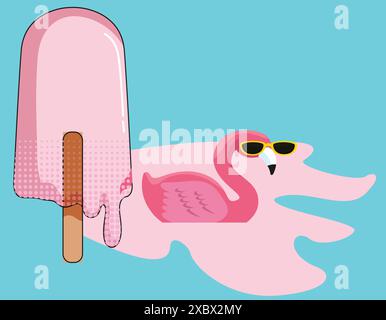 Pink stick ice cream melting with flamingo float on pastel blue background. Creative idea minimal summer concept Stock Vector