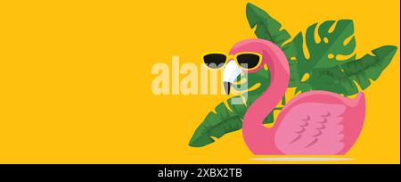 Pink flamingo with sunglasses in front of leaf on yellow summer background 3D Rendering, 3D Illustration Stock Vector