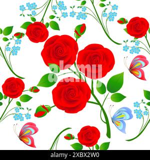 Branches of roses and flowers forget me not with butterflies seamless pattern. Stock Vector