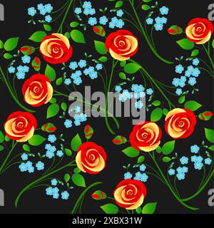 Branches of roses and flowers forget me not on black seamless pattern. Stock Vector
