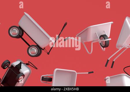 Wheelbarrows Many Many of flying garden wheelbarrows on white background Stock Photo - Alamy
