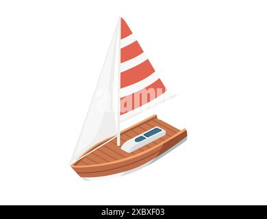 Isometric boat with red striped sail simple design vector illustration isolated on white background Stock Vector