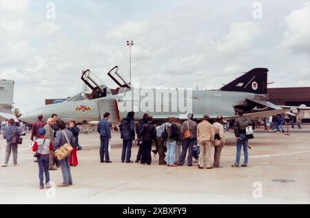 74 Squadron Royal Air Force McDonnell Douglas F-4J(UK) Phantom fighter jet plane ZE361 at the Mildenhall Air Fete 1986. Following the deployment of a squadron of Phantoms to the Falkland Islands, in 1984 the UK government decided that the resulting gap in the UK's air defences needed to be filled. 15 airframes were selected from among the best of the ex-USN F-4Js stored at the Aerospace Maintenance & Regeneration Center at Davis–Monthan Air Force Base in Arizona, refurbished, and entered service with RAF 74 Squadron in October 1984. ZE361 left service in 1991 and scrapped 2001 Stock Photo