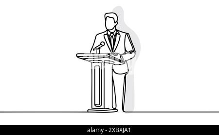 A man in a suit behind the podium, one continuous line of speeches on the podium. Stock Vector
