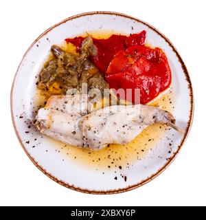 Roasted rabbit served with potato and vegetables Stock Photo
