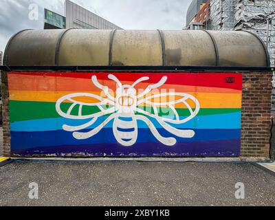 Manchester Bee on Pride Rainbow background in the City Centre Stock Photo