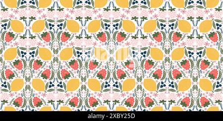 Delightful seamless pattern with illustrations of white strawberries, raspberries, lemons, blackberries, pink flowers, and green leaves, arranged in a Stock Vector