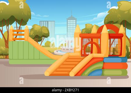 Playground park for kids with inflatable bouncy castle vector illustration with city park landscape Stock Vector