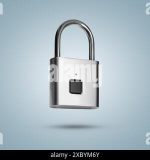 Modern fingerprint padlock in air on light blue background Stock Photo