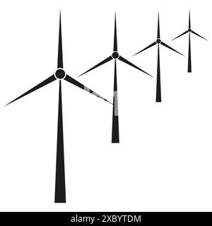 Wind turbines in a row. Black silhouette design. Renewable energy symbols. Vector illustration. Stock Vector